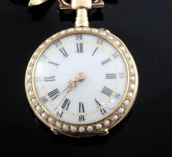 A 19th century Swiss 18ct gold, red guilloche enamel, diamond and seed peal set fob watch, overall 54mm.